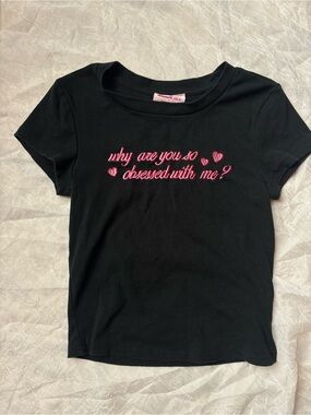 Forever 21 Black Tee with Pink Script Hearts Embroidery